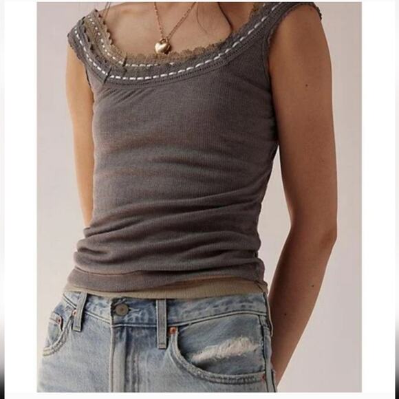 Free People Intimately FP NEW So Sweet Gray Ribbed Lace Ribbon Cami Tank Top XL - Picture 1 of 13